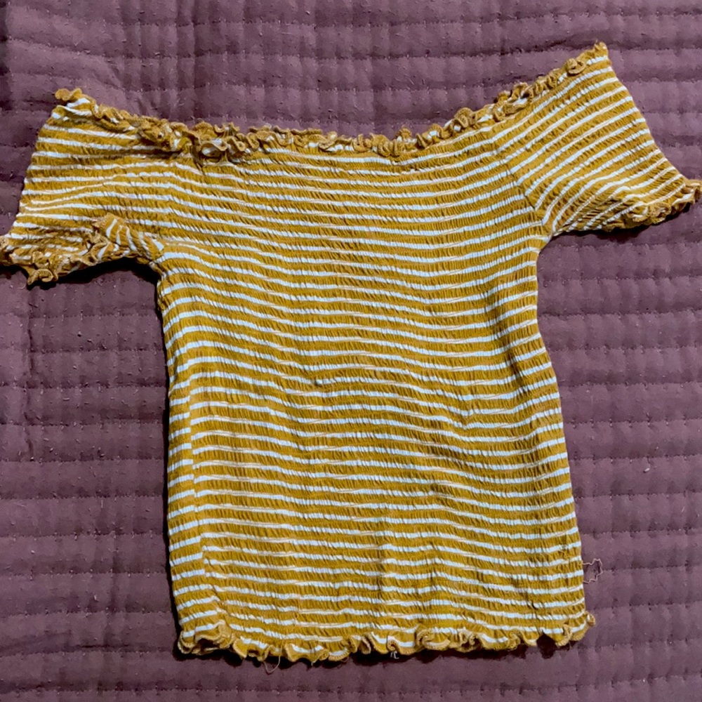 Yellow & white striped off the shoulder top